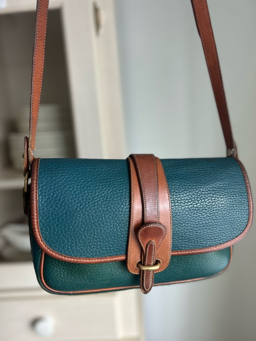 Vintage Dooney & Bourke Teal All Weather Leather Equestrian Cross Body Bag
